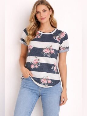 moa moa gray and white floral striped t shirt with cuffed sleeves